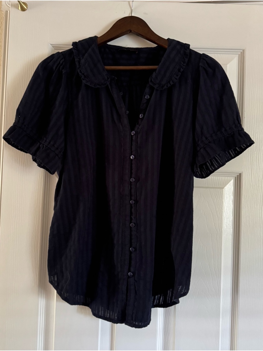 Quince Navy Ruffled Collar Button-Down Blouse
